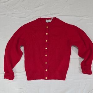 Elegant Red Cardigan with Gold Buttons 100% Shetland Wool
